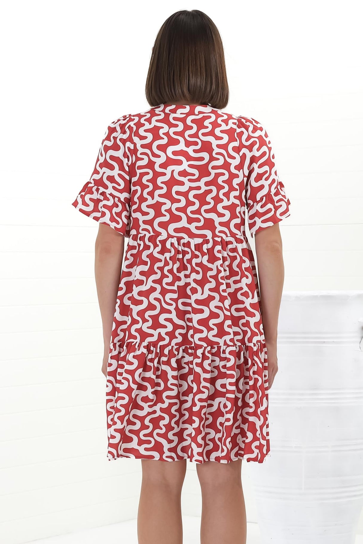 Abilia Mini Dress - Mandarin Collar Buttoned Bodice Smock Dress in Petra Print in Red