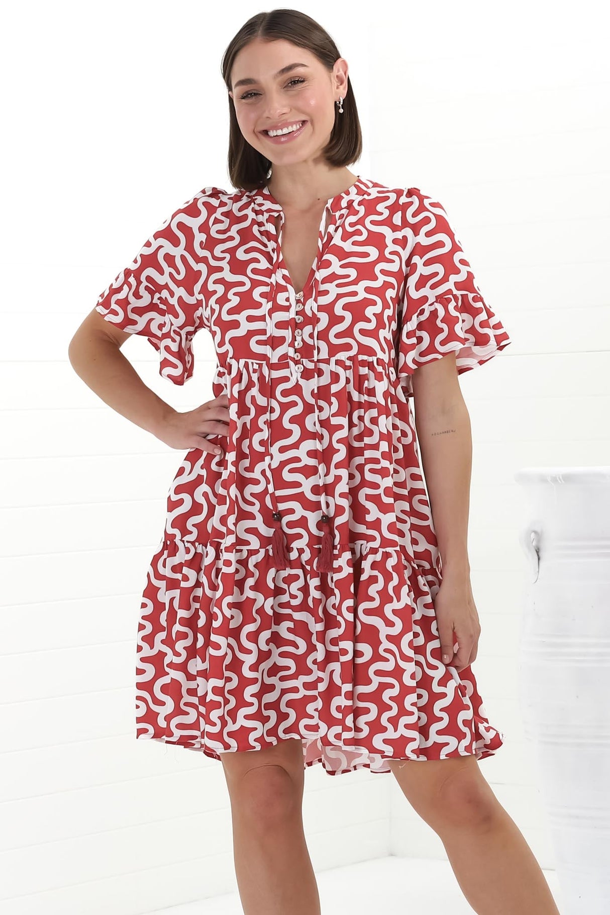 Abilia Mini Dress - Mandarin Collar Buttoned Bodice Smock Dress in Petra Print in Red