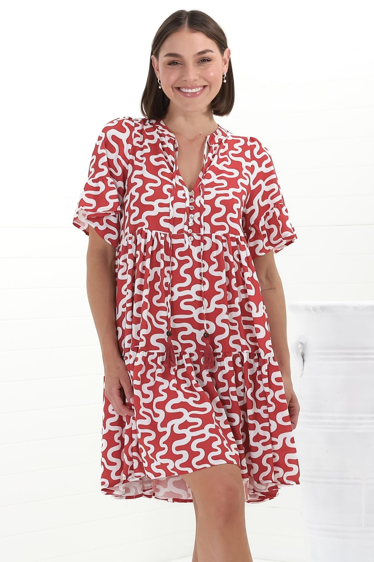 Abilia Mini Dress - Mandarin Collar Buttoned Bodice Smock Dress in Petra Print in Red