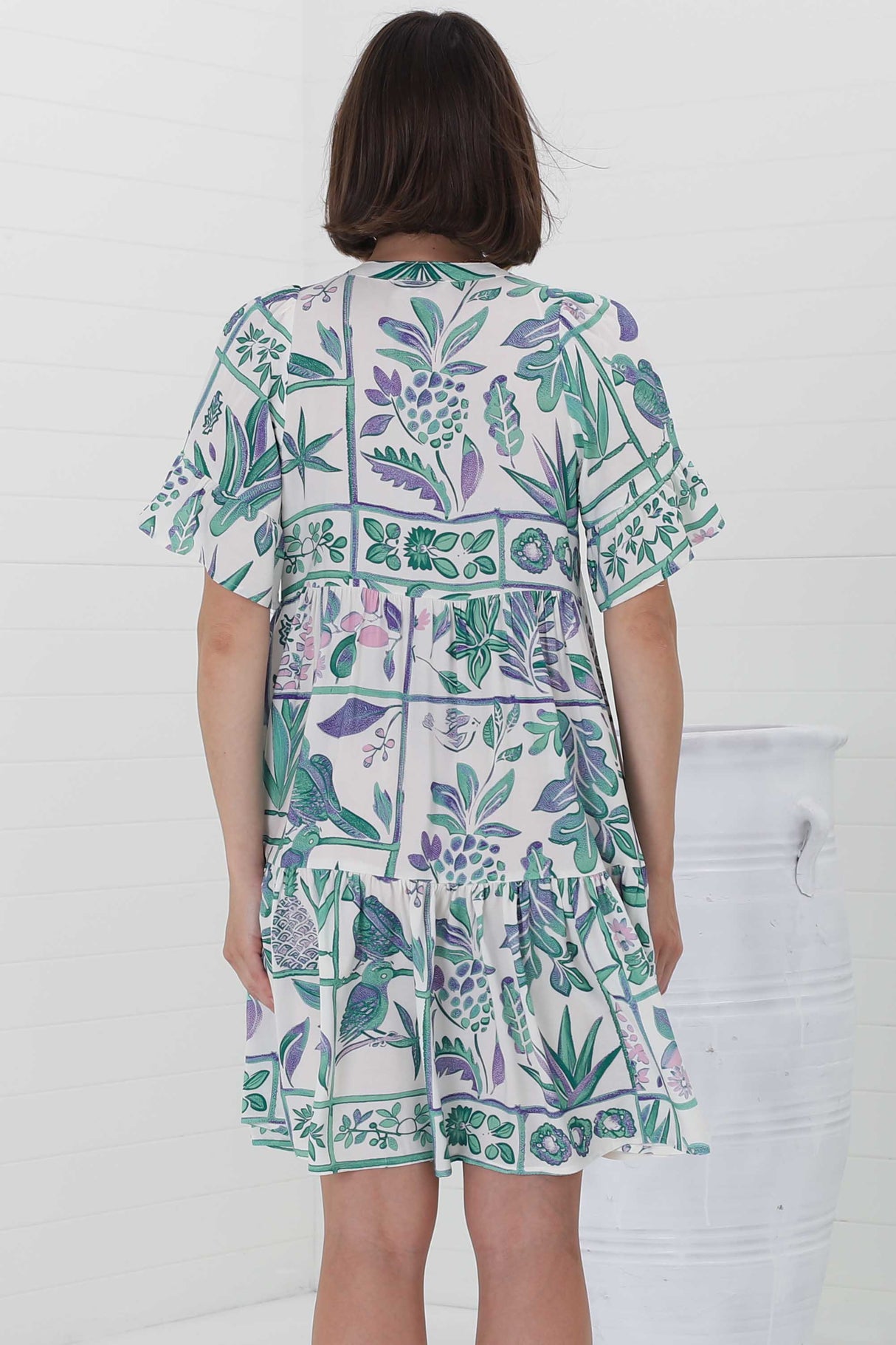 Abilia Mini Dress - Mandarin Collar Smock Dress in Sonni Print Green