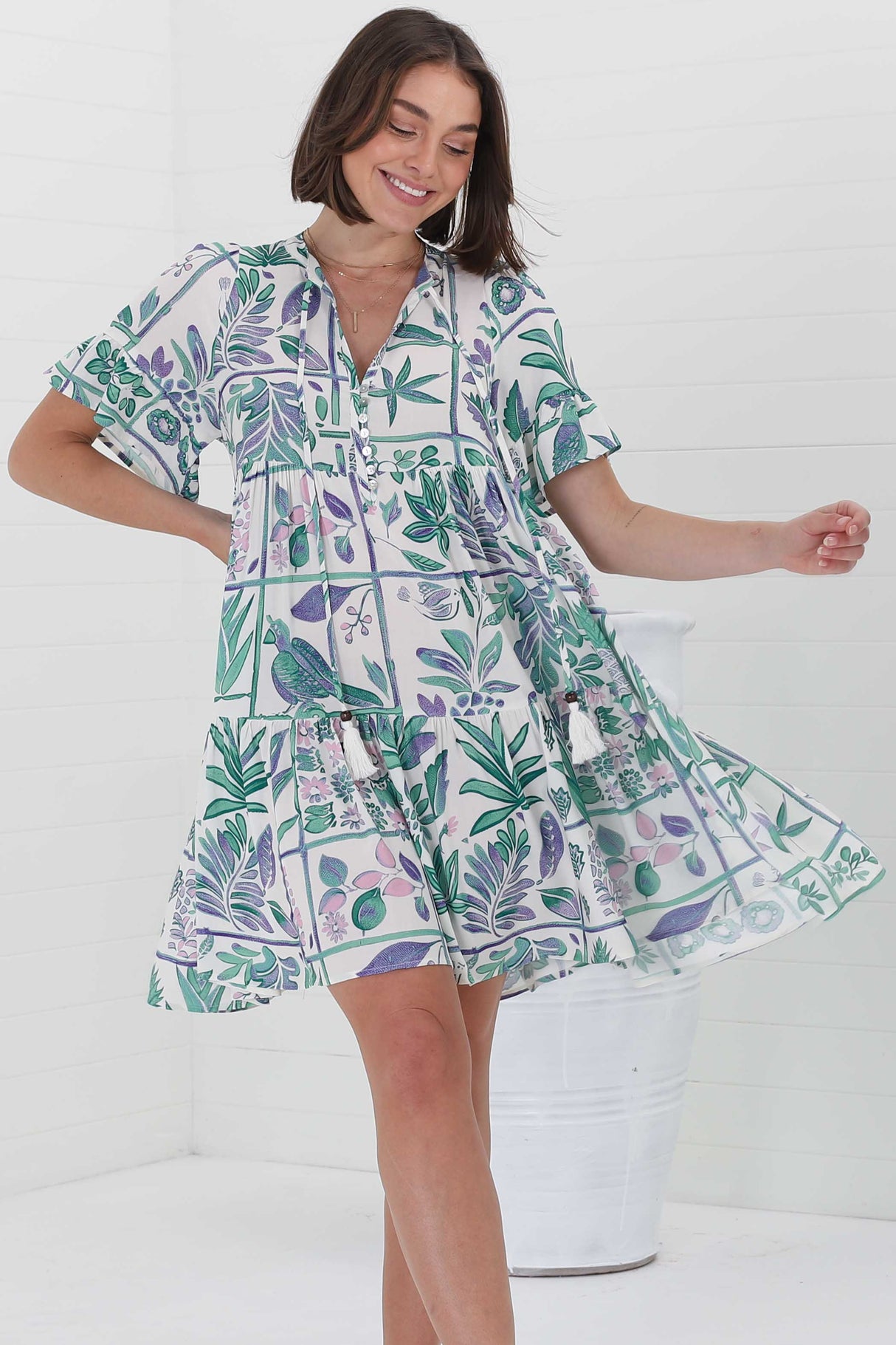 Abilia Mini Dress - Mandarin Collar Smock Dress in Sonni Print Green