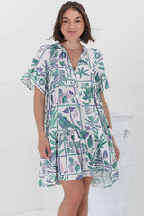 Abilia Mini Dress - Mandarin Collar Smock Dress in Sonni Print Green