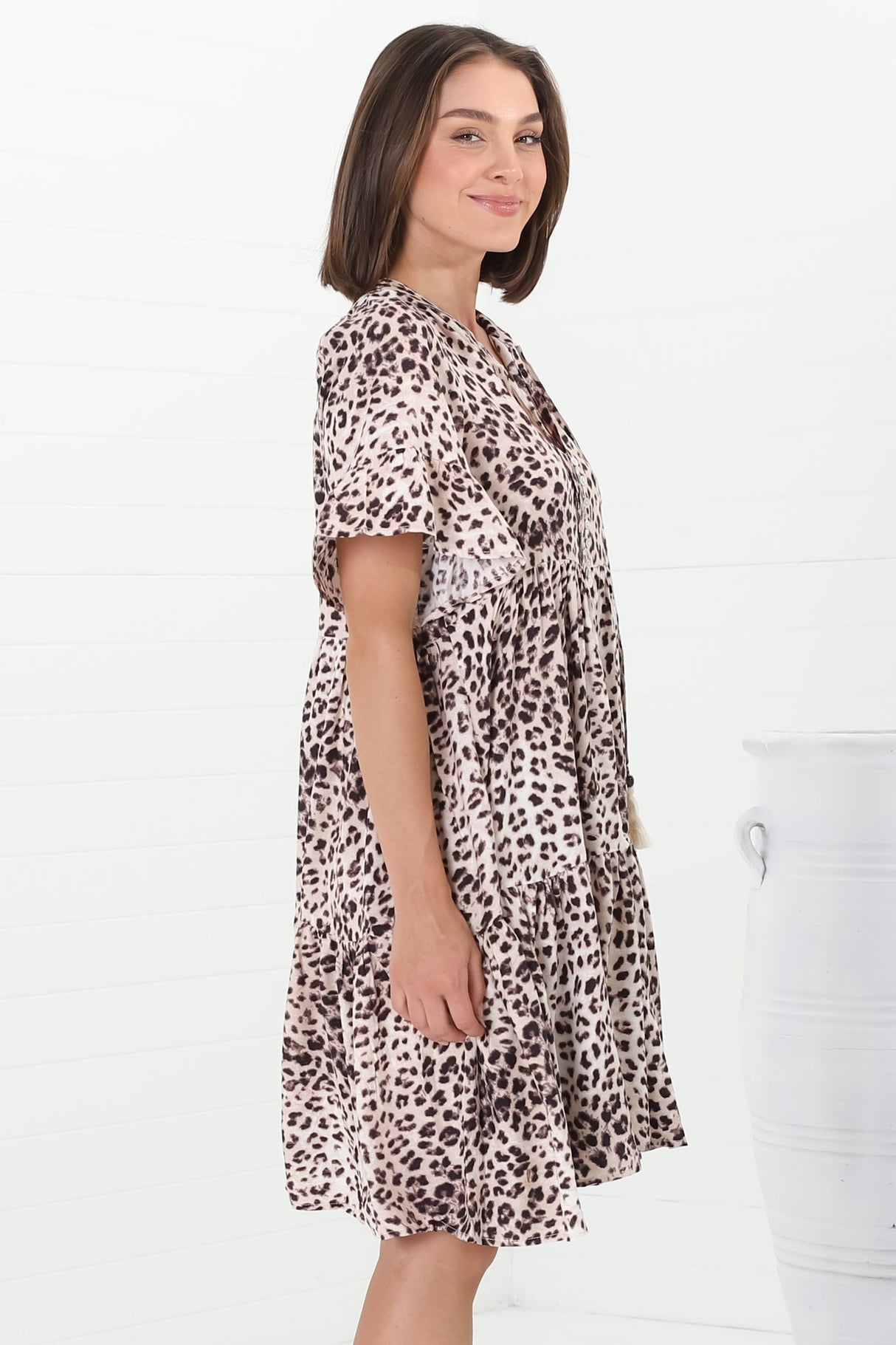 Abilia Mini Dress - Mandarin Collar Smock Dress in Tatum Print