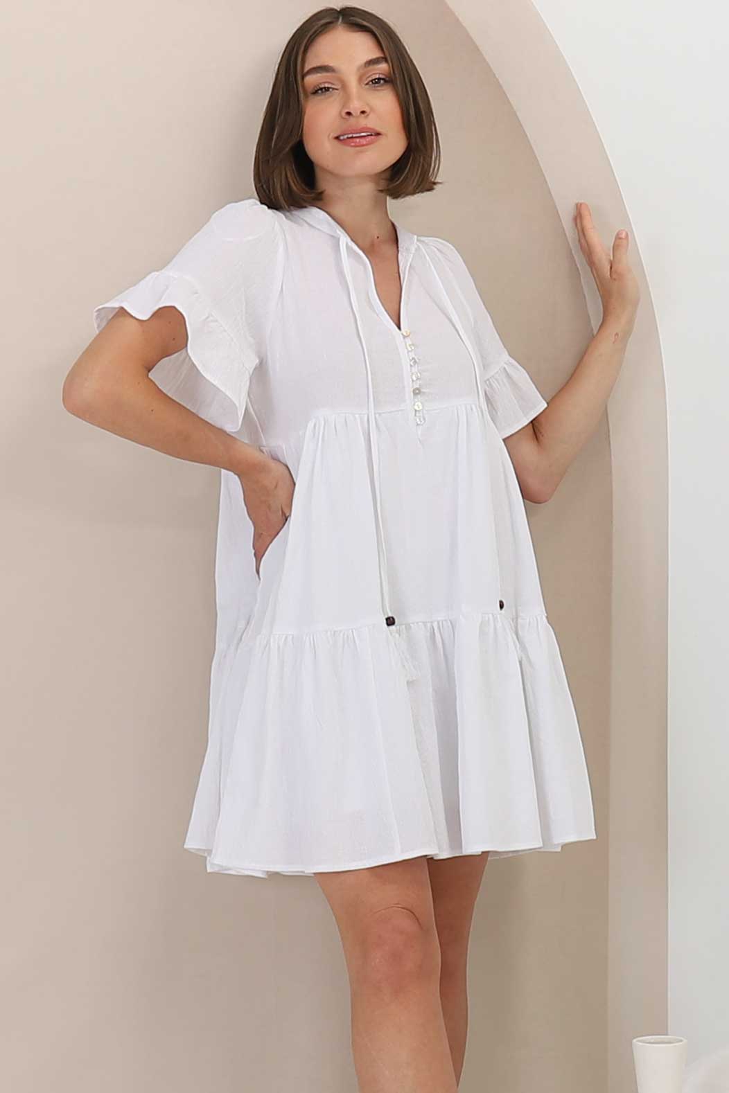 Abilia Mini Dress - Mandarin Collar Smock Dress in White