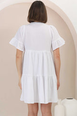 Abilia Mini Dress - Mandarin Collar Smock Dress in White