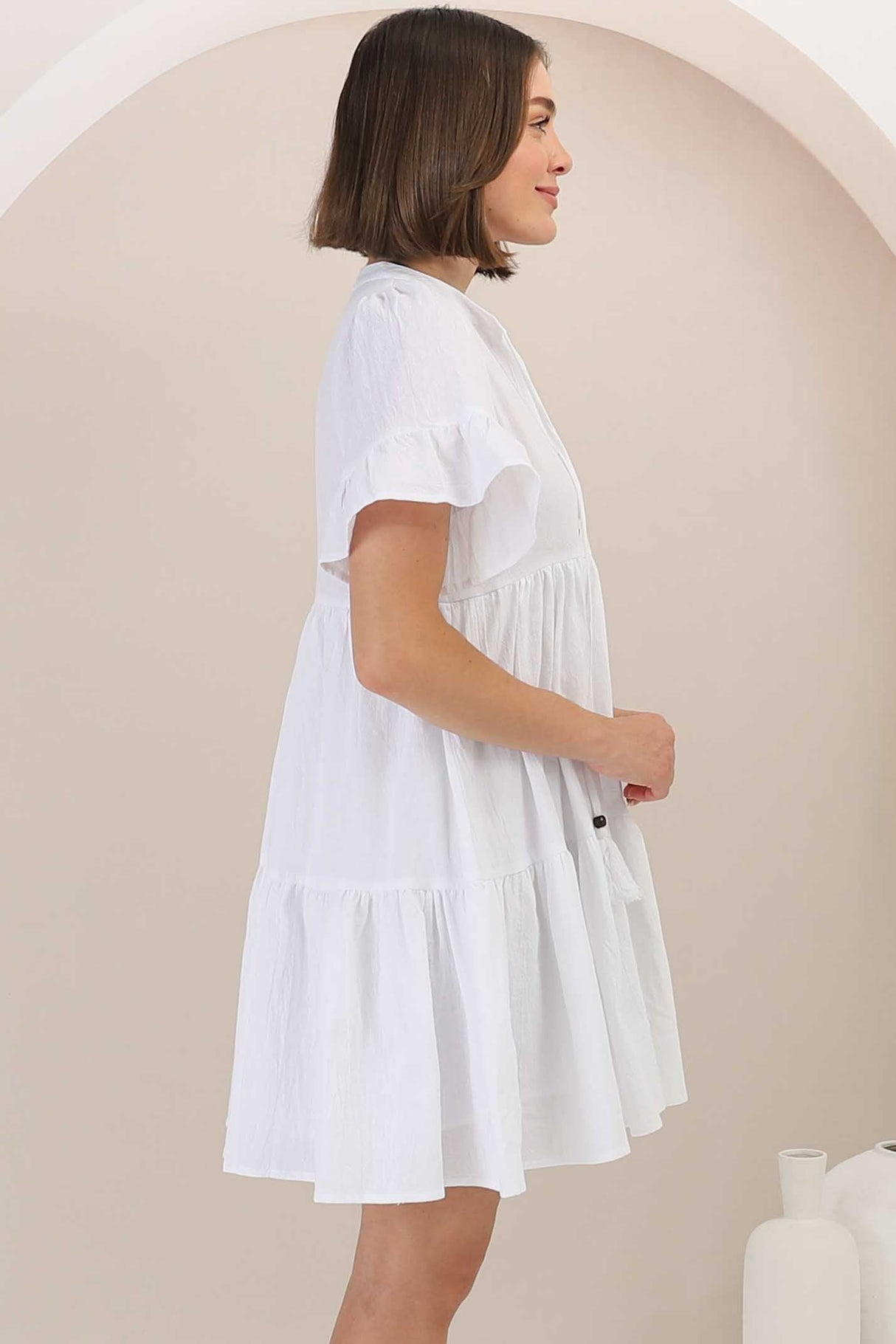 Abilia Mini Dress - Mandarin Collar Smock Dress in White