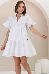 Abilia Mini Dress - Mandarin Collar Smock Dress in White