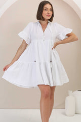 Abilia Mini Dress - Mandarin Collar Smock Dress in White