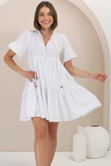 Abilia Mini Dress - Mandarin Collar Smock Dress in White