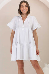 Abilia Mini Dress - Mandarin Collar Smock Dress in White