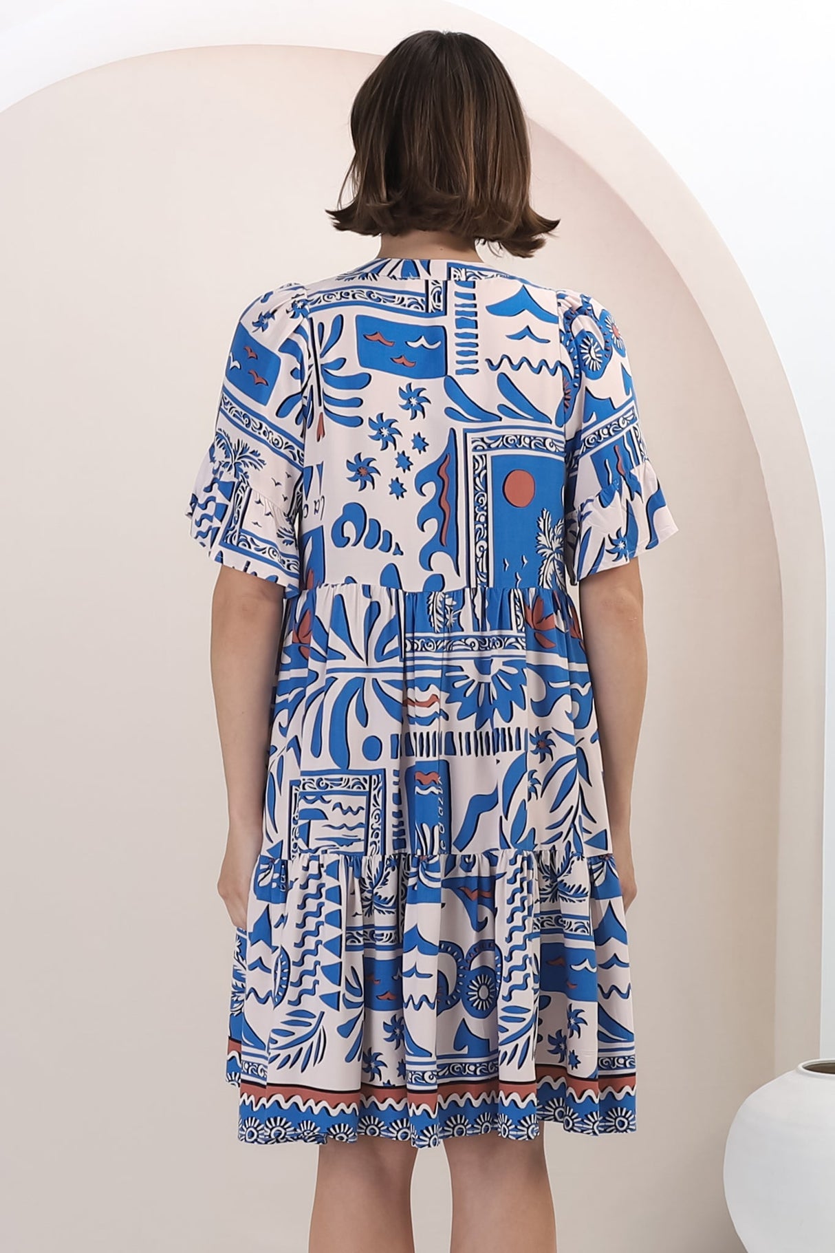 Abilia Mini Dress -  Mandarin Collar Smock Dress in Gadu Print Blue