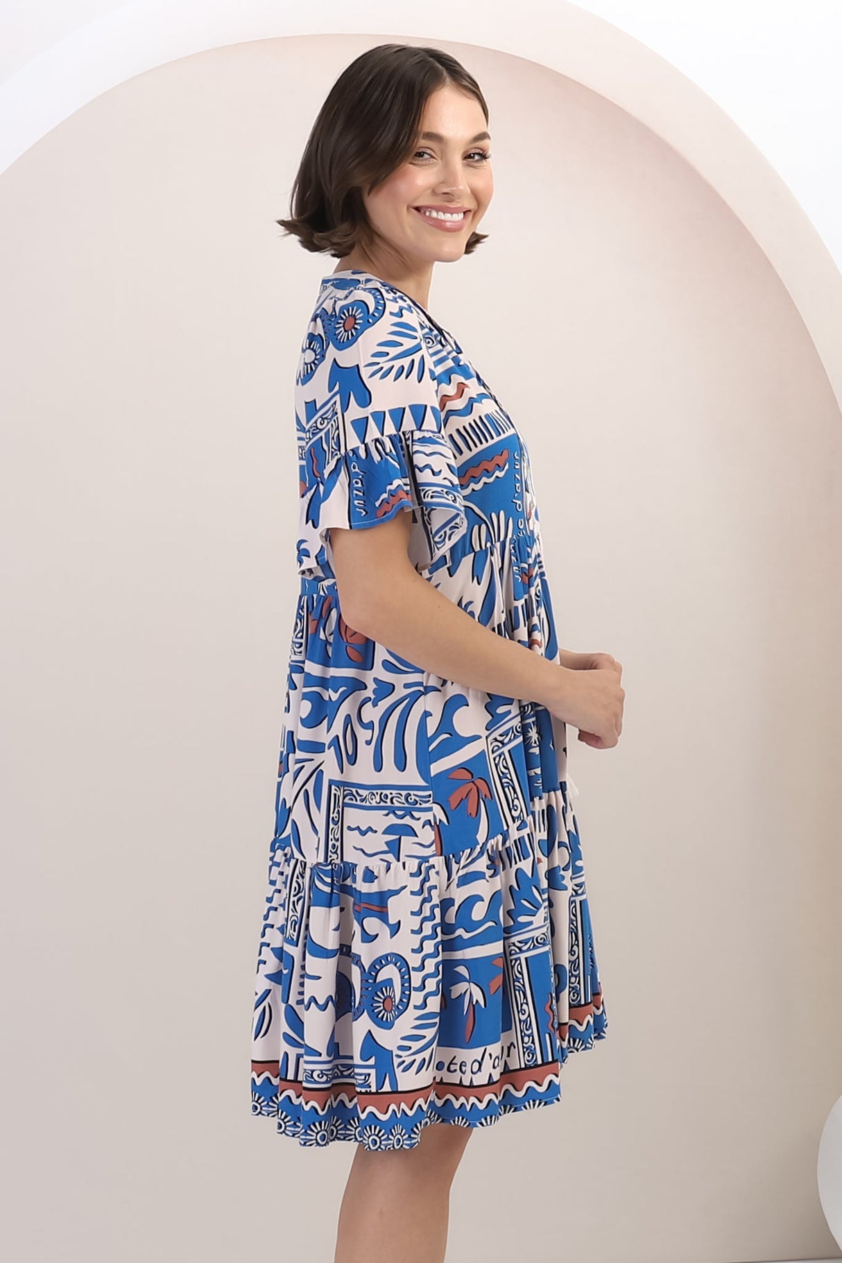 Abilia Mini Dress - Mandarin Collar Smock Dress in Gadu Print Blue