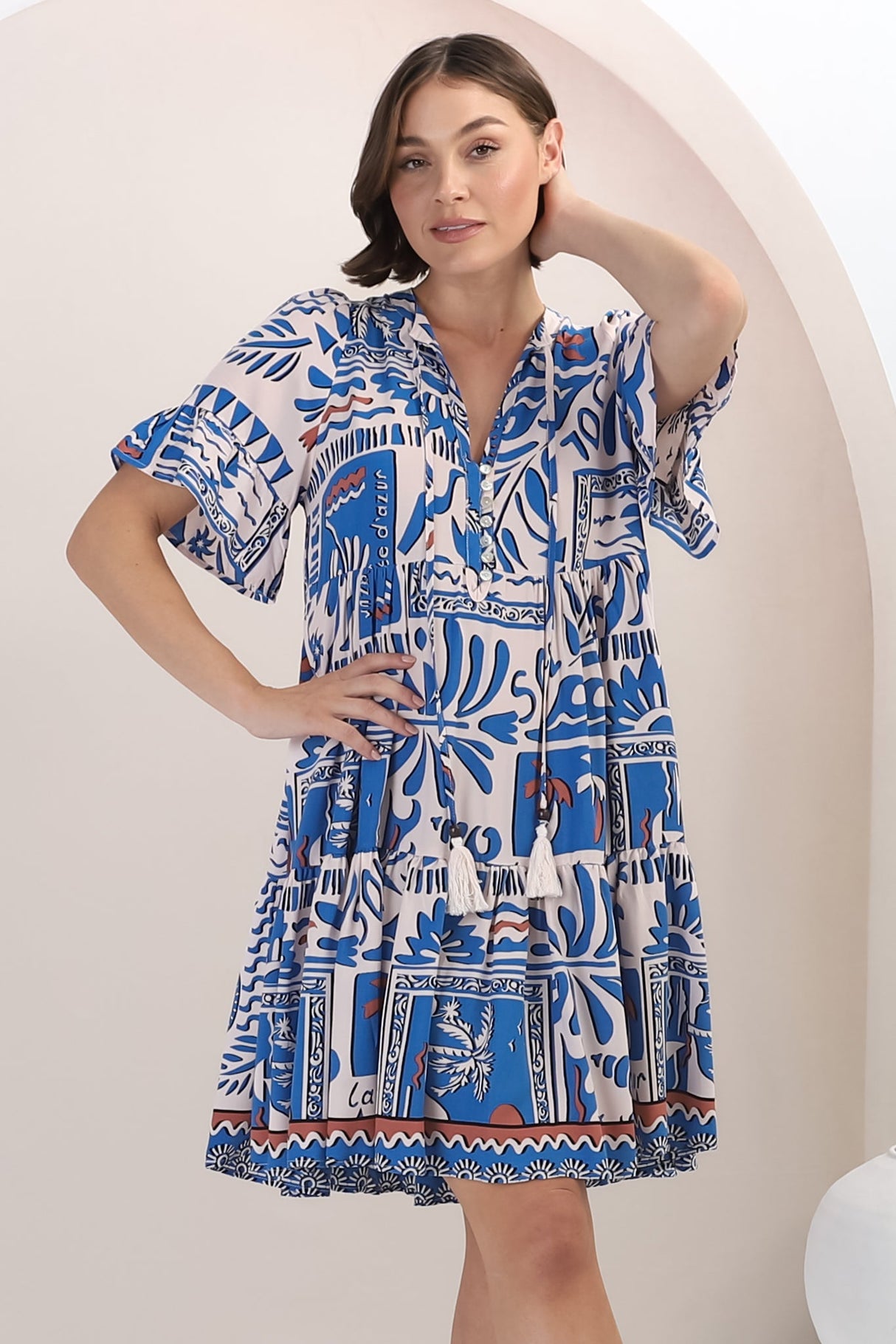 Abilia Mini Dress - Mandarin Collar Smock Dress in Gadu Print Blue