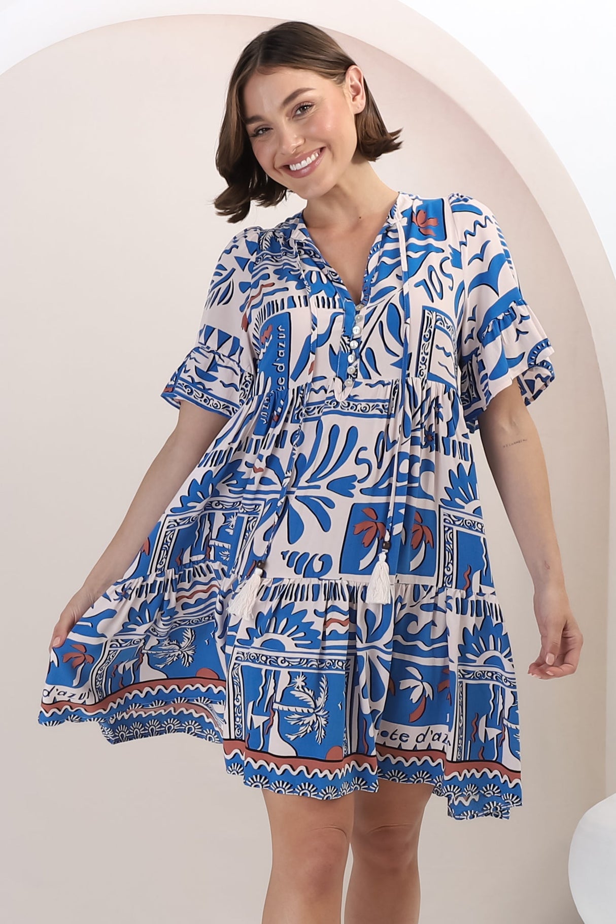 Abilia Mini Dress - Mandarin Collar Smock Dress in Gadu Print Blue