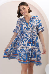 Abilia Mini Dress -  Mandarin Collar Smock Dress in Gadu Print Blue