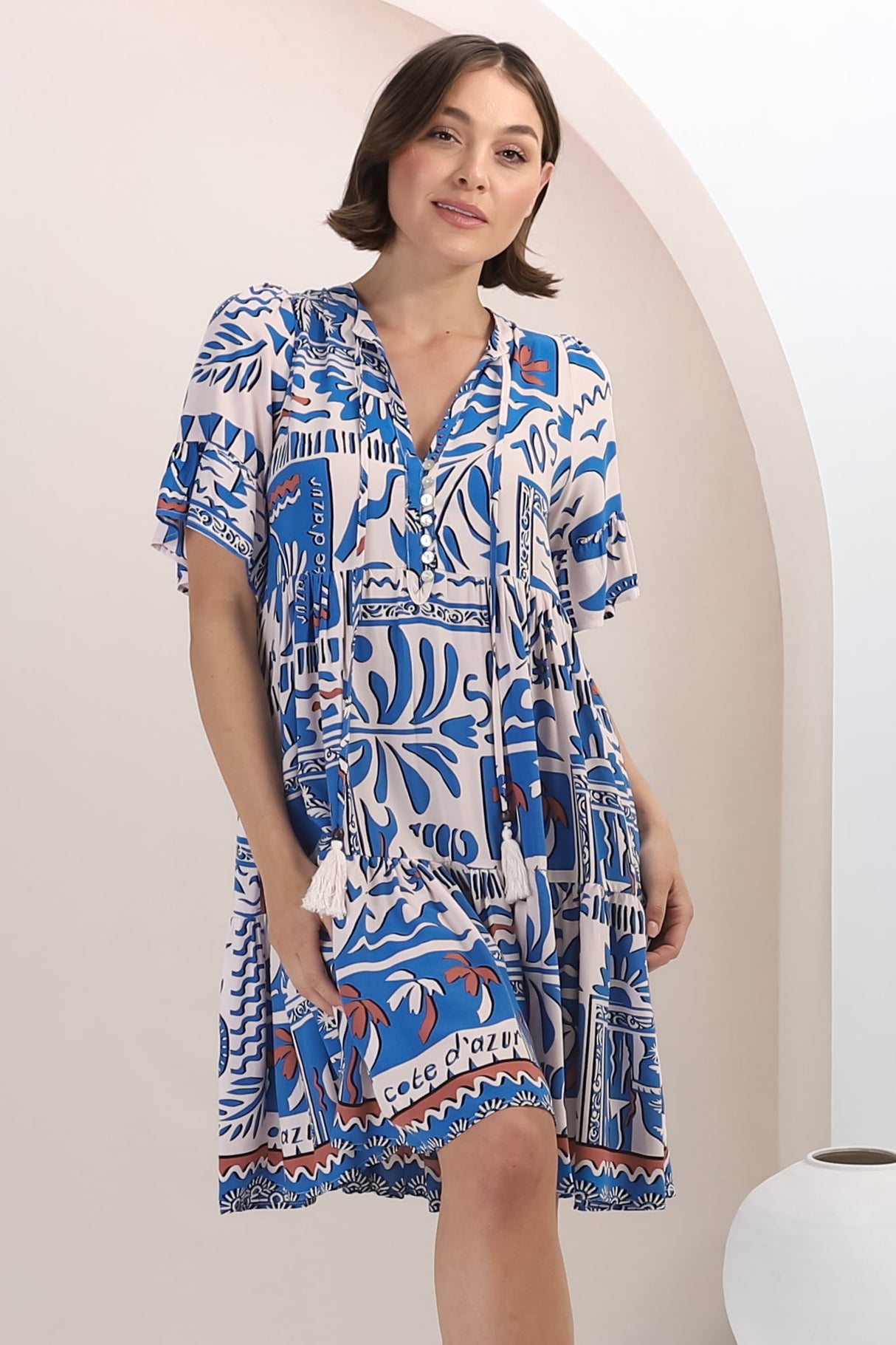 Abilia Mini Dress -  Mandarin Collar Smock Dress in Gadu Print Blue