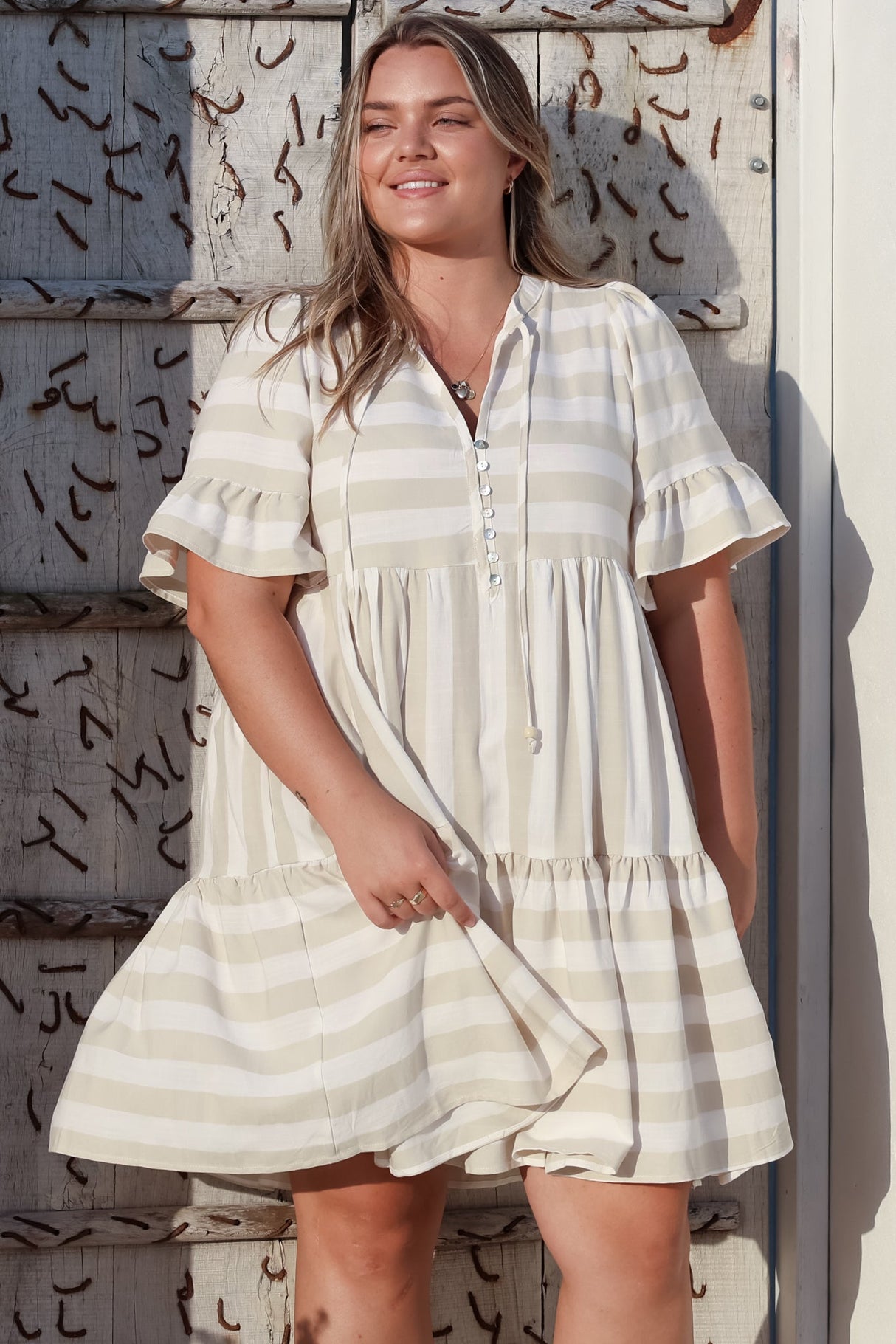 Abilia Mini Dress - Mandarin Collar Smock Dress in Gaubi Print Beige