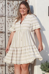 Abilia Mini Dress - Mandarin Collar Smock Dress in Gaubi Print Beige