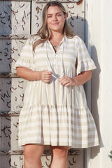 Abilia Mini Dress - Mandarin Collar Smock Dress in Gaubi Print Beige