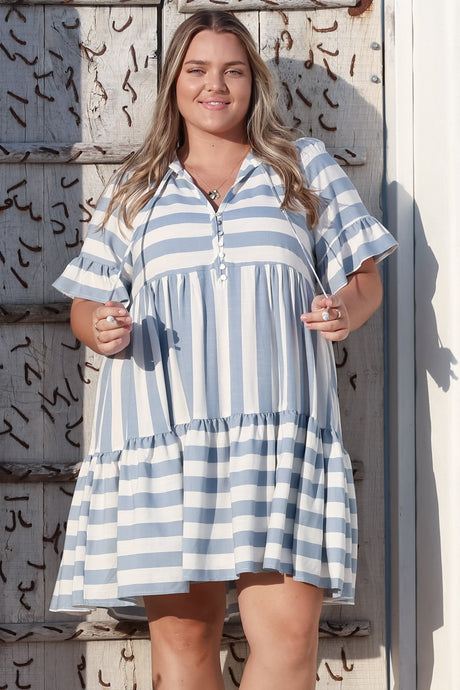 Abilia Mini Dress - Mandarin Collar Smock Dress in Gaubi Print Blue