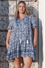Abilia Mini Dress - Mandarin Collar Smock Dress in Harley Print Blue