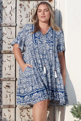 Abilia Mini Dress - Mandarin Collar Smock Dress in Harley Print Blue