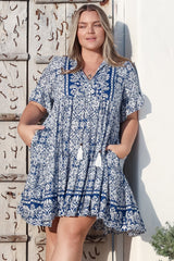 Abilia Mini Dress - Mandarin Collar Smock Dress in Harley Print Blue