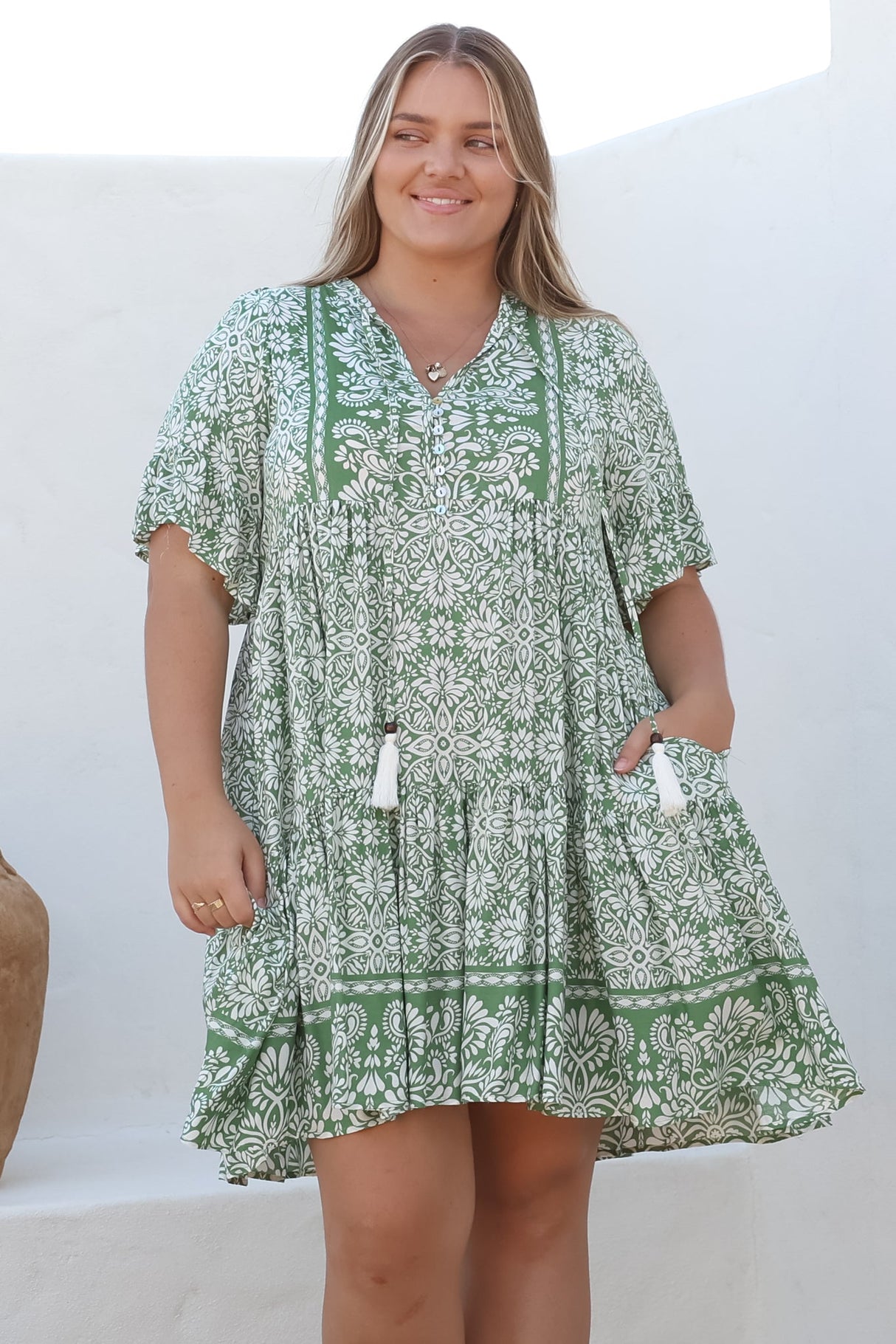 Abilia Mini Dress - Mandarin Collar Smock Dress in Harley Print Green