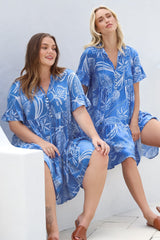 Abilia Mini Dress - Mandarin Collar Buttoned Bodice Smock Dress in Havanna Print in Blue