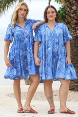 Abilia Mini Dress - Mandarin Collar Buttoned Bodice Smock Dress in Havanna Print in Blue