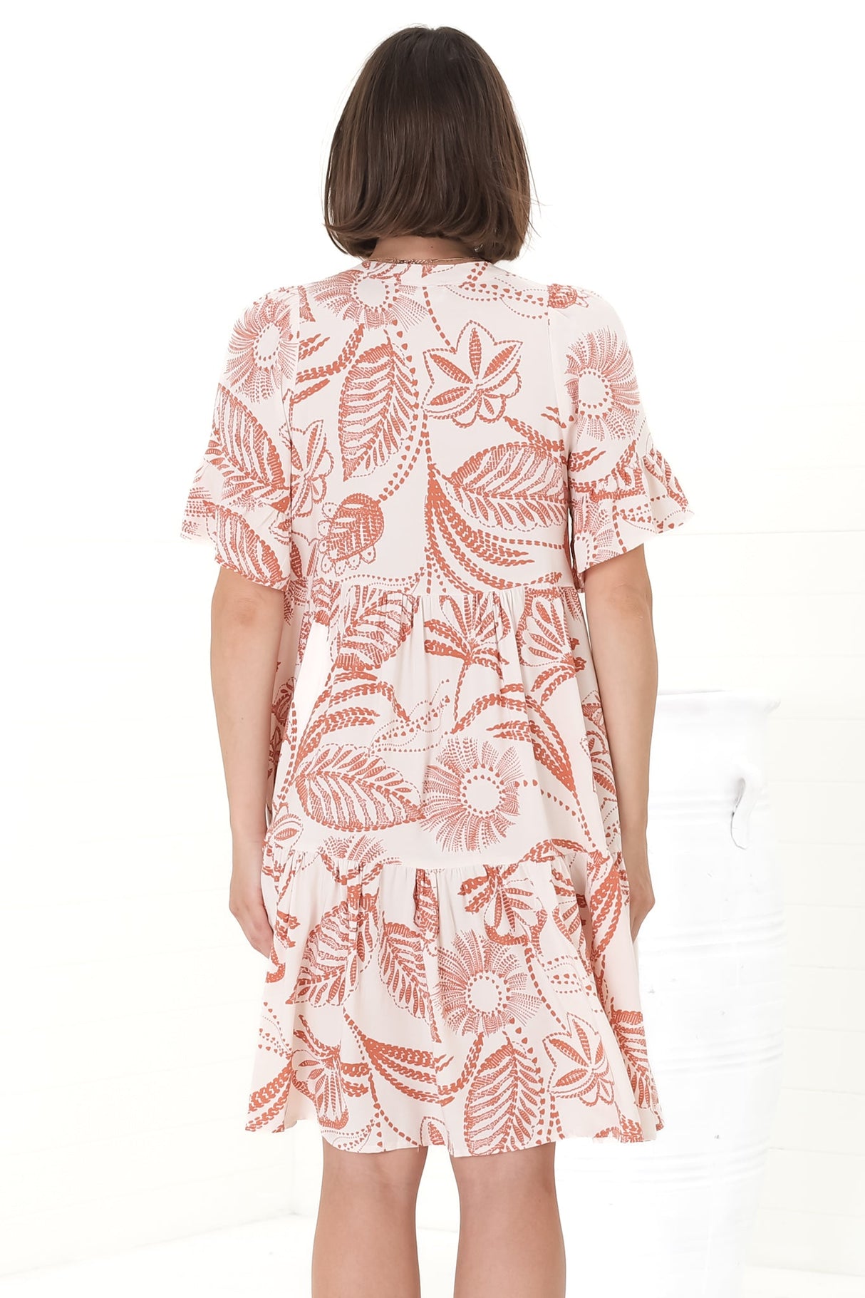 Abilia Mini Dress - Mandarin Collar Smock Dress in Havanna Print Cream