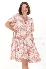 Abilia Mini Dress - Mandarin Collar Smock Dress in Havanna Print Cream