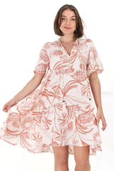 Abilia Mini Dress - Mandarin Collar Smock Dress in Havanna Print Cream