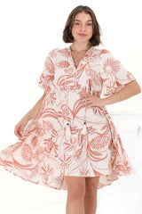 Abilia Mini Dress - Mandarin Collar Smock Dress in Havanna Print Cream