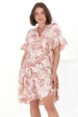 Abilia Mini Dress - Mandarin Collar Smock Dress in Havanna Print Cream