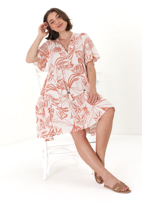 Abilia Mini Dress - Mandarin Collar Smock Dress in Havanna Print Cream