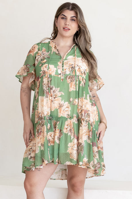 Abilia Mini Dress - Mandarin Collar Smock Dress in Kirah Print Green