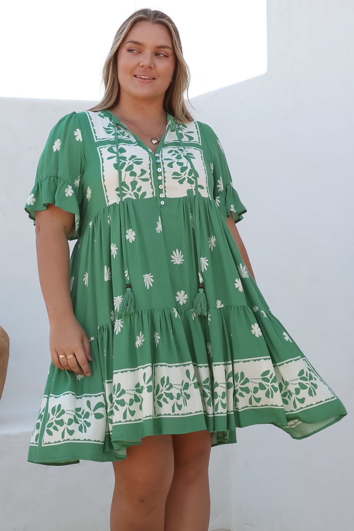 Abilia Mini Dress - Mandarin Collar Smock Dress in Lucinda Print Green