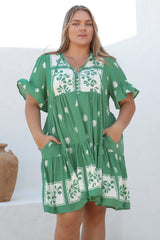 Abilia Mini Dress - Mandarin Collar Smock Dress in Lucinda Print Green