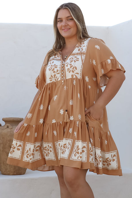 Abilia Mini Dress - Mandarin Collar Smock Dress in Lucinda Print Tan
