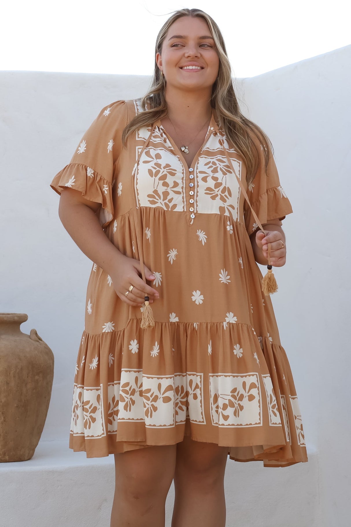 Abilia Mini Dress - Mandarin Collar Smock Dress in Lucinda Print Tan