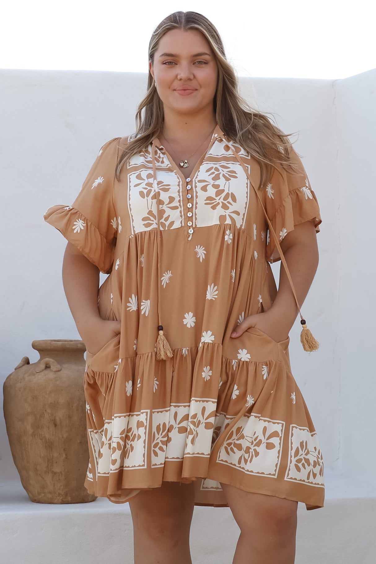 Abilia Mini Dress - Mandarin Collar Smock Dress in Lucinda Print Tan