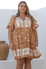 Abilia Mini Dress - Mandarin Collar Smock Dress in Lucinda Print Tan