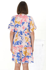 Abilia Mini Dress - Mandarin Collar Smock Dress in Polina Print Blue