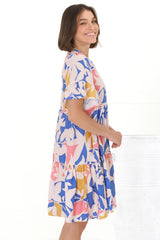 Abilia Mini Dress - Mandarin Collar Smock Dress in Polina Print Blue