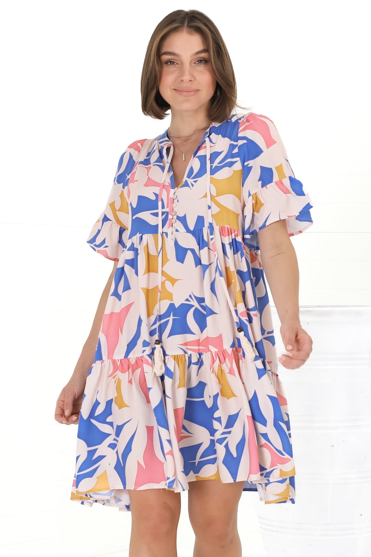 Abilia Mini Dress - Mandarin Collar Smock Dress in Polina Print Blue