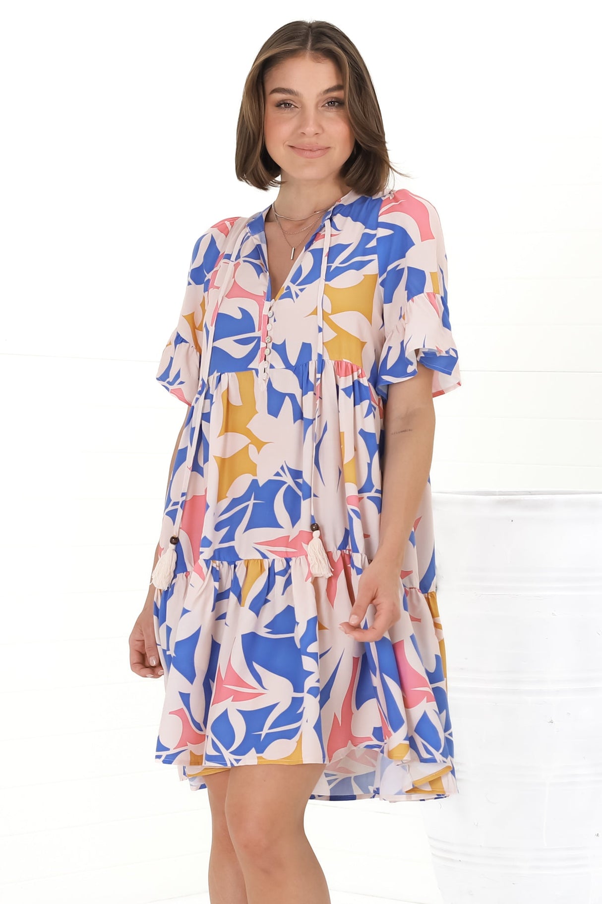 Abilia Mini Dress - Mandarin Collar Smock Dress in Polina Print Blue