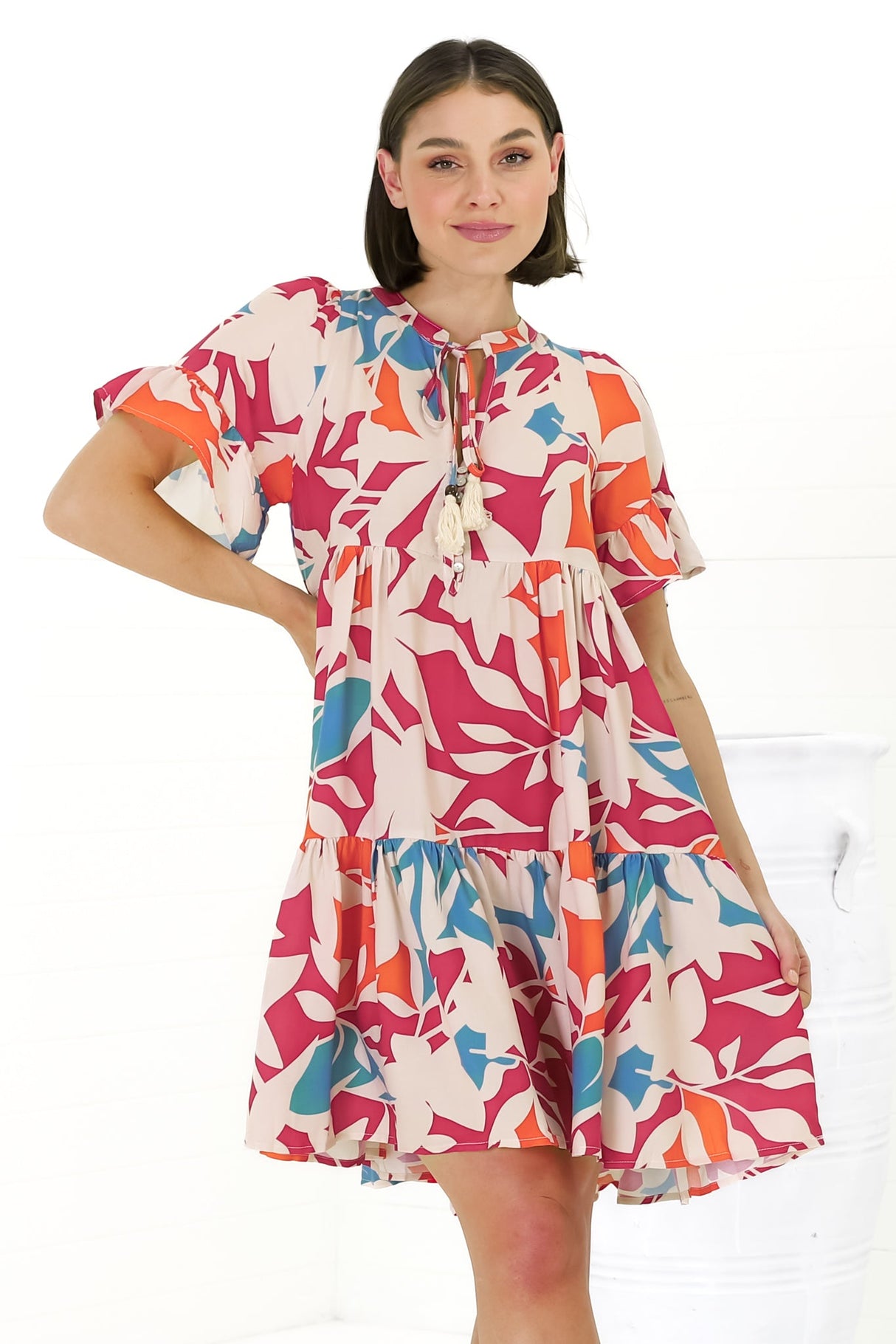 Abilia Mini Dress - Mandarin Collar Smock Dress in Polina Print Magenta