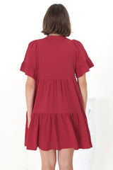 Abilia Mini Dress - Mandarin Collar Smock Dress in Red