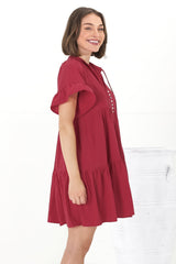 Abilia Mini Dress - Mandarin Collar Smock Dress in Red